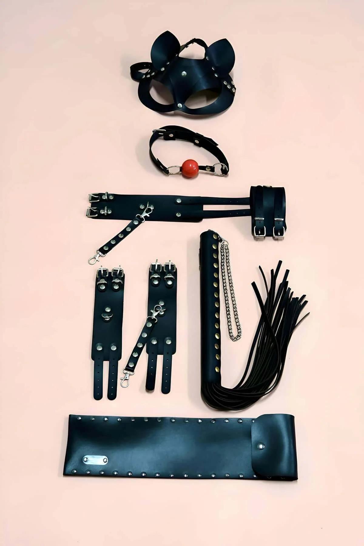 Faux Leather Costume Play Accessory Set with Cat Mask
