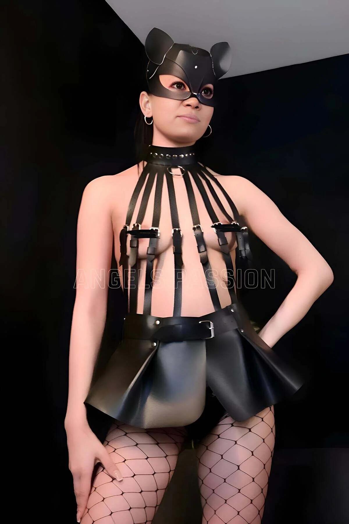 Strappy Body Harness with Faux Leather Mini Skirt & Cat Mask