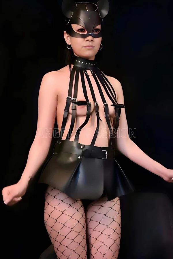 Strappy Body Harness with Faux Leather Mini Skirt & Cat Mask