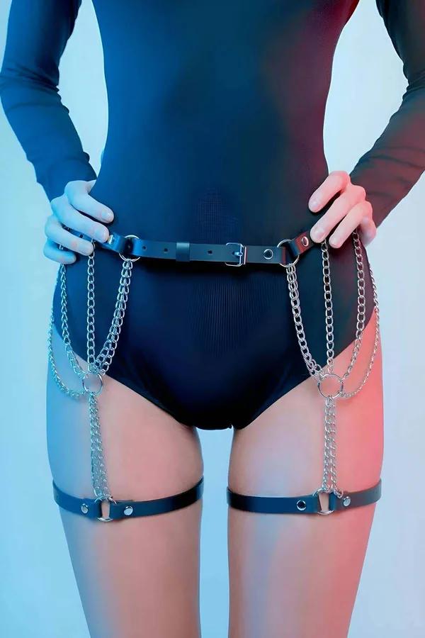 Faux Leather Waist to Thigh Chain Garter Harness