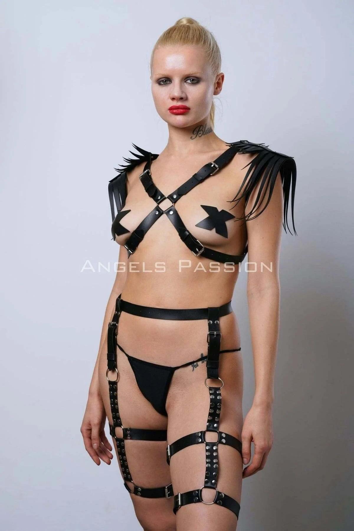 Faux Leather Full Body Harness with Fringe Shoulders & Garter