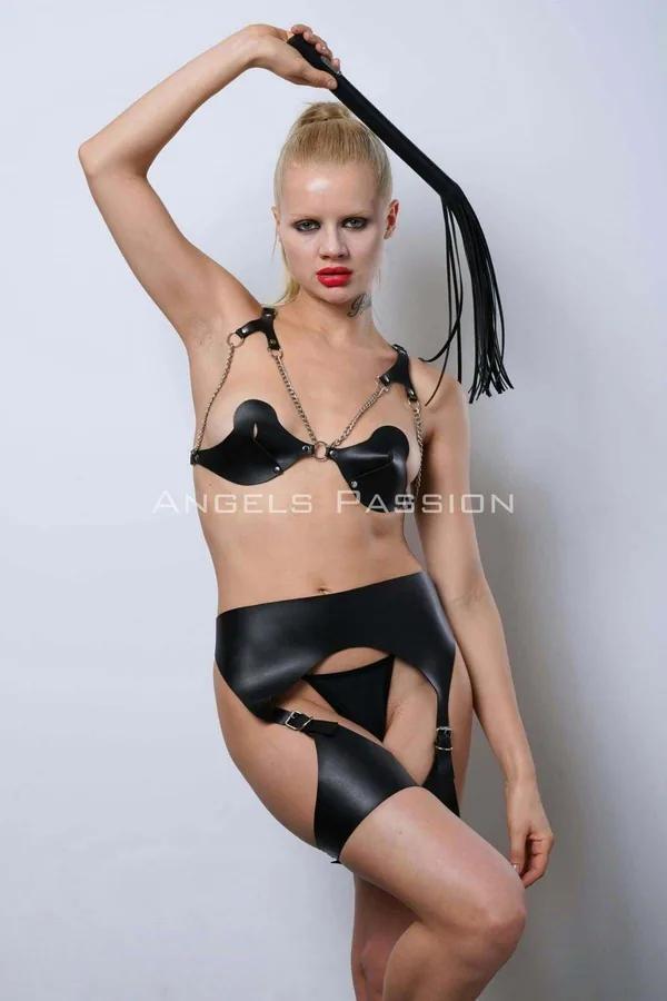 Faux Leather Harness Bra & Garter Belt Set with Leg Straps