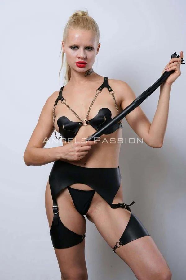 Faux Leather Harness Bra & Garter Belt Set with Leg Straps