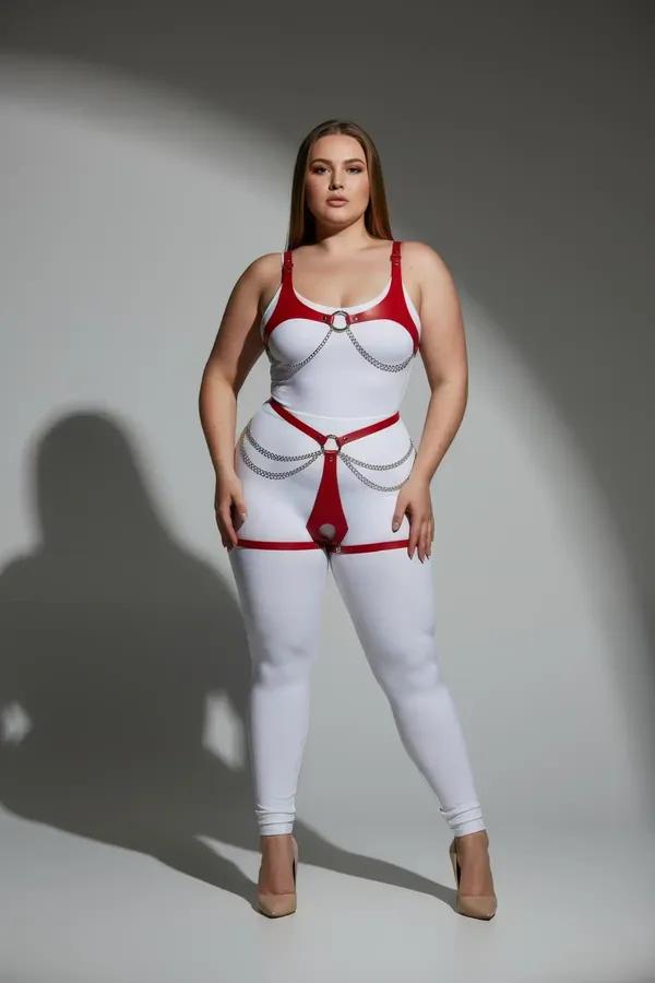 Red Faux Leather Body Harness with O-Rings & Chains