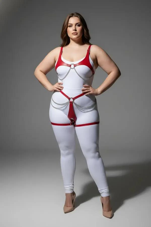 Red Faux Leather Body Harness with O-Rings & Chains