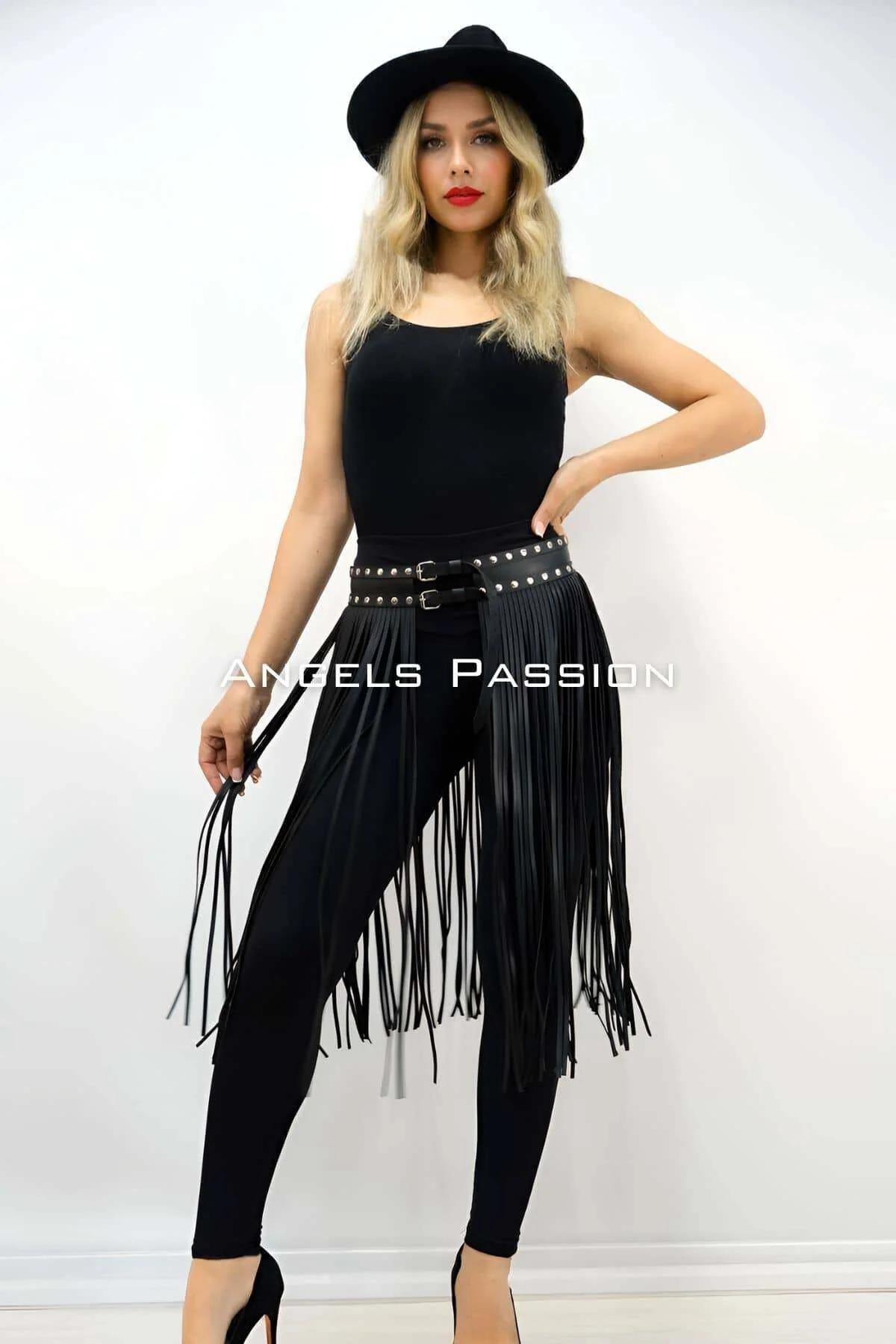 Studded Fringe Faux Leather Skirt Overlay