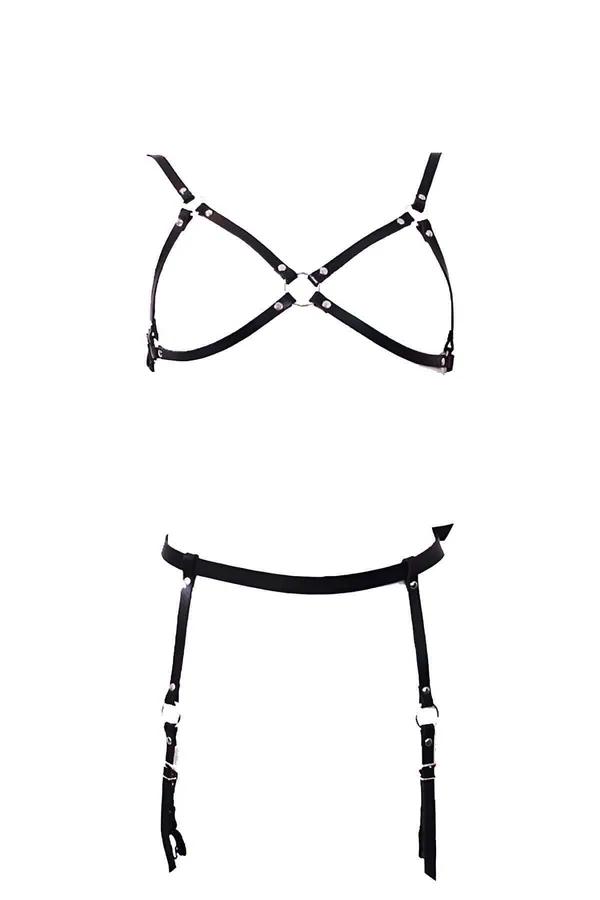 Faux Leather Chest Harness & Garter Belt Set