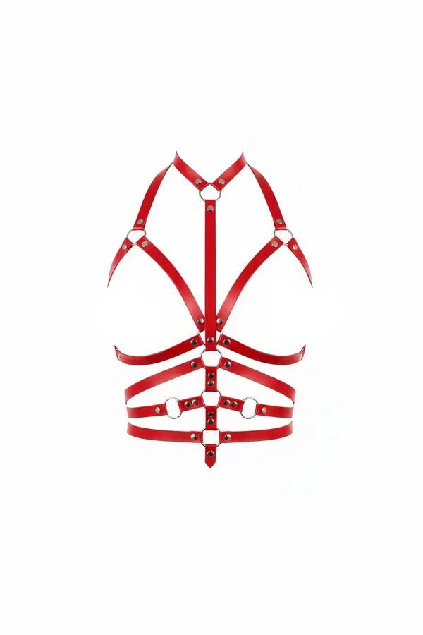 Red Faux Leather Caged Chest Harness with O-Rings