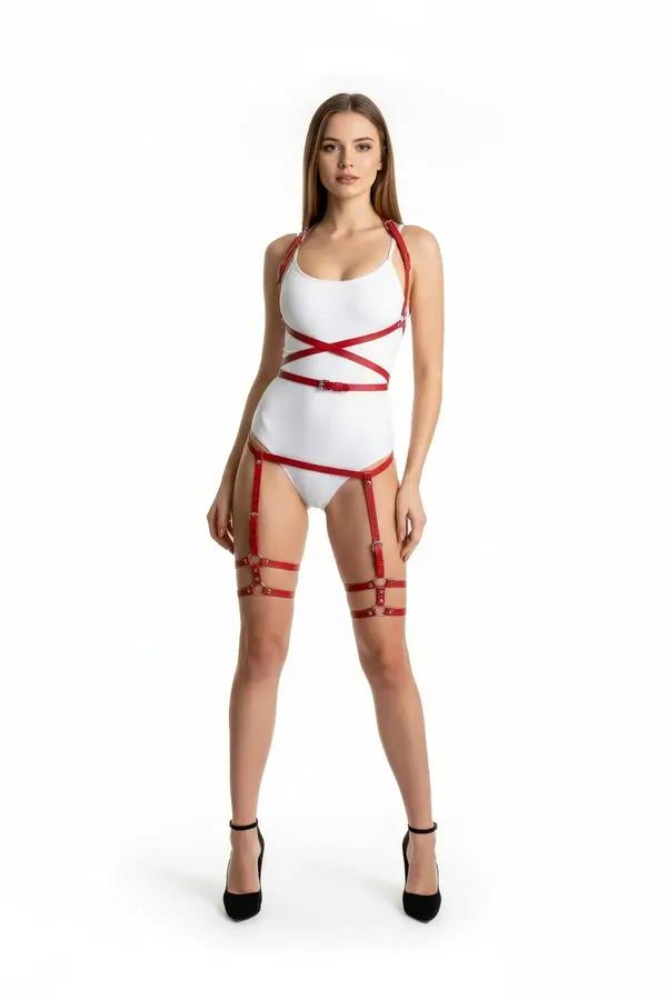 Red Cross-Strap Body Harness with Thigh Garters