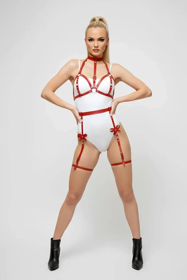 Red Faux Leather Garter Harness Set with O-Ring Chest & Bow Details