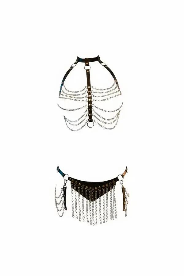 Faux Leather Full Body Harness & Skirt Chain Set