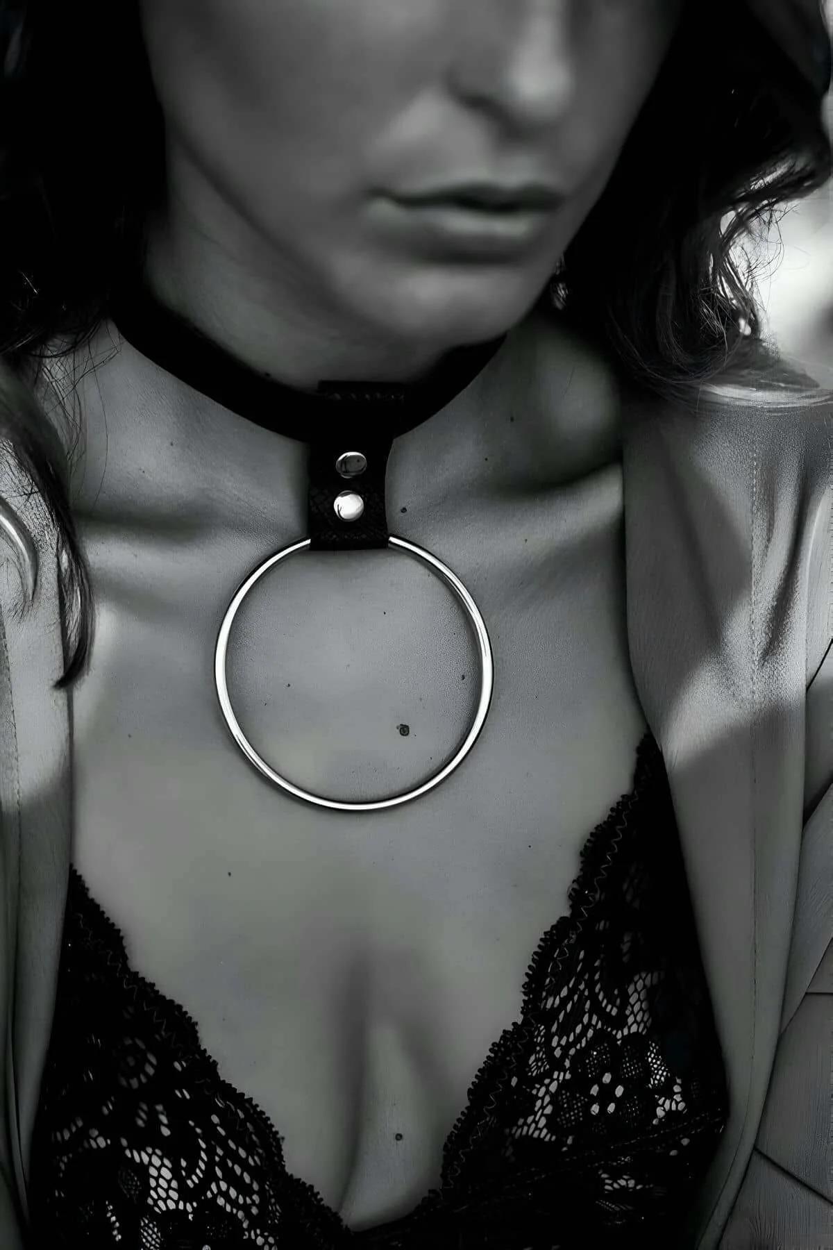 Vegan Leather Choker Necklace with Prominent O-Ring