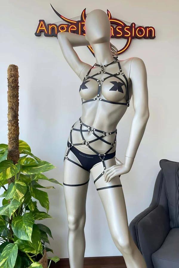 Multi-Strap Faux Leather Full Body Harness with Garter