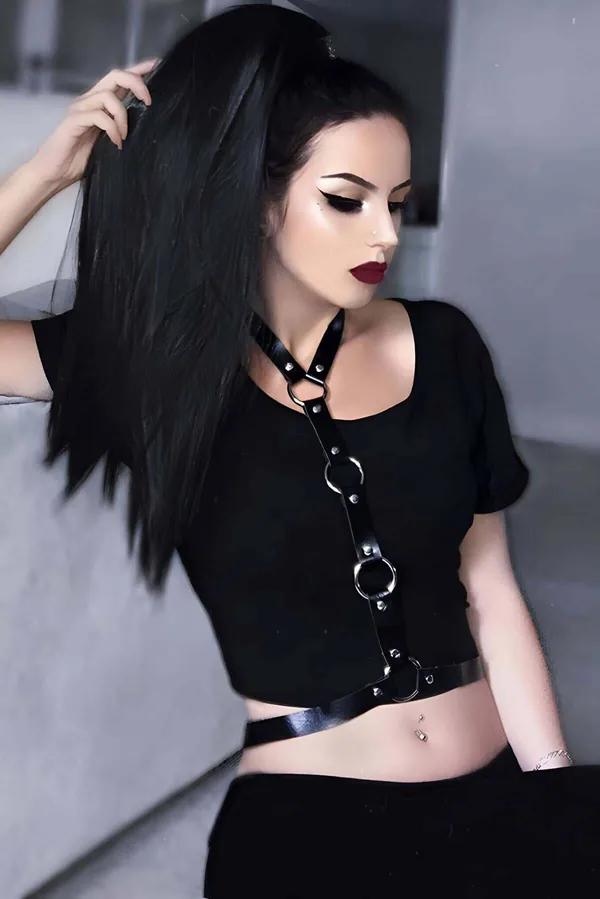 Black Faux Leather Body Harness with O-Rings