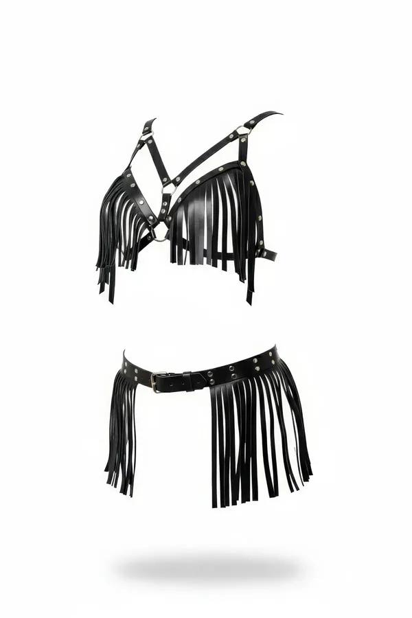 Fringe Faux Leather Bra Top and Skirt Harness Set