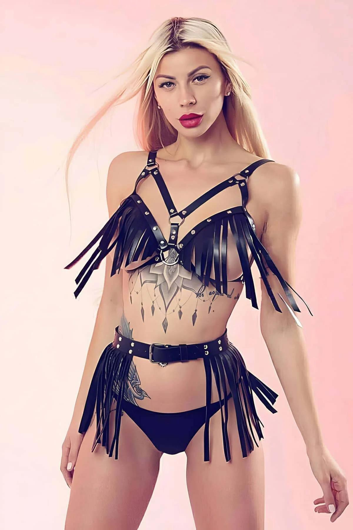 Two-Piece Faux Leather Fringe Harness Set
