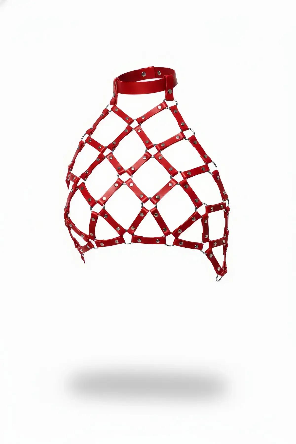 Red Strappy Cage Harness Top with Stud Details
