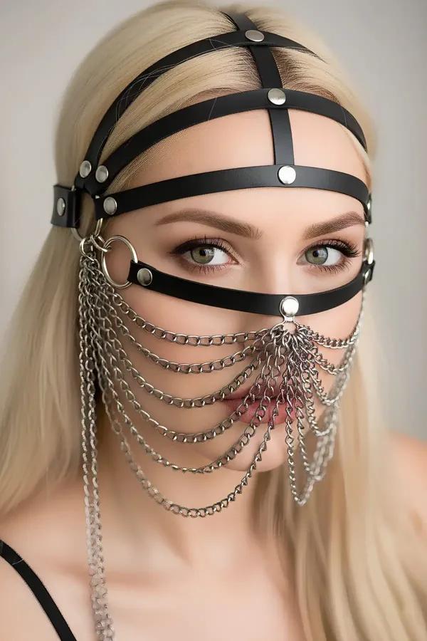 Faux Leather Face Harness with Draping Silver Chains
