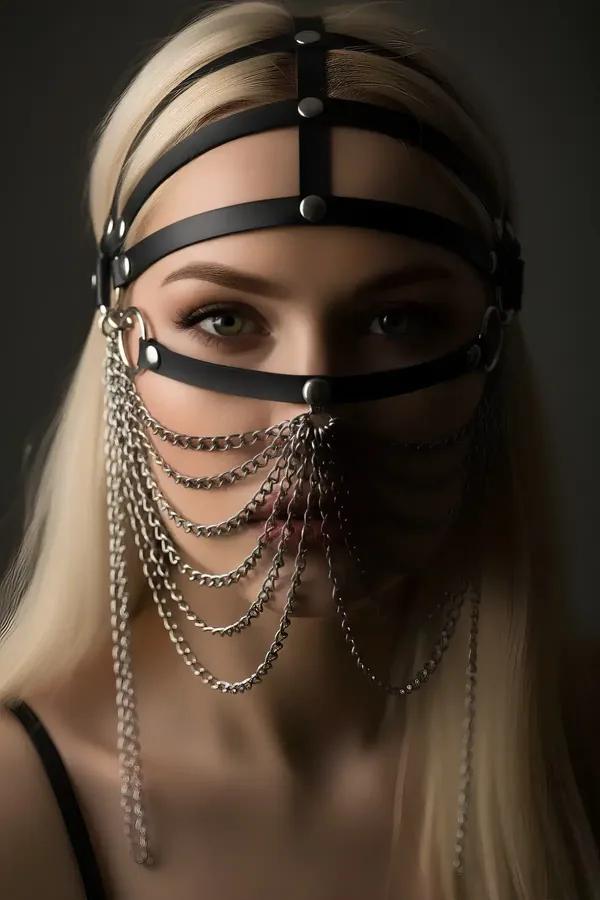 Faux Leather Face Harness with Draping Silver Chains