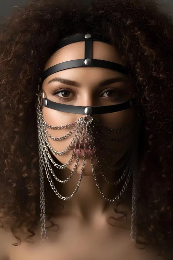 Faux Leather Face Harness with Draping Silver Chains