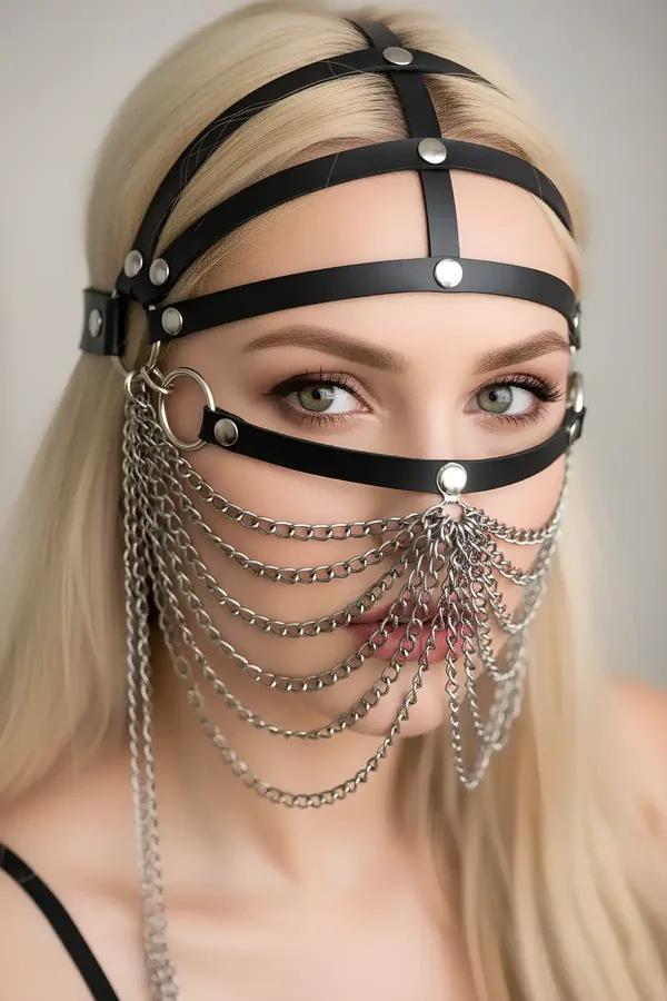 Faux Leather Face Harness with Draped Chain Veil