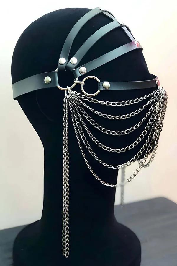 Faux Leather Face Harness with Draped Chain Veil