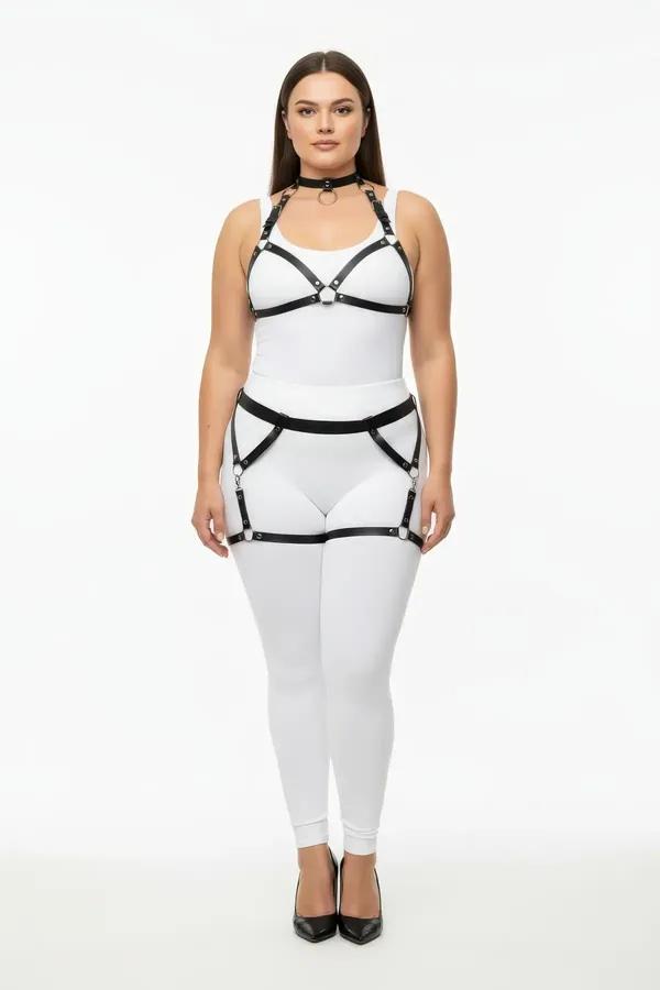 Black Caged Body Harness Set with Garter Thigh Straps