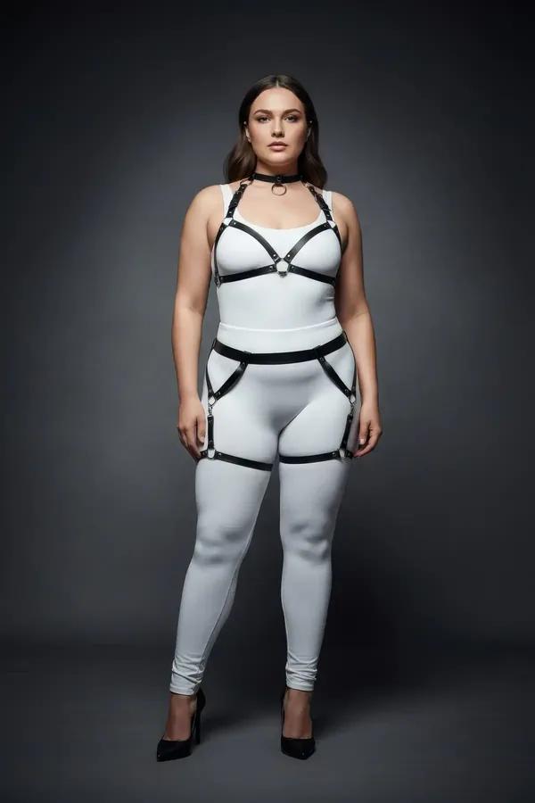 Black Caged Body Harness Set with Garter Thigh Straps