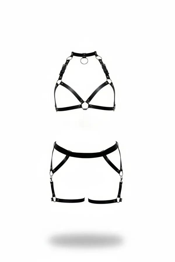 Faux Leather Harness Set with O-Ring Garter Skirt