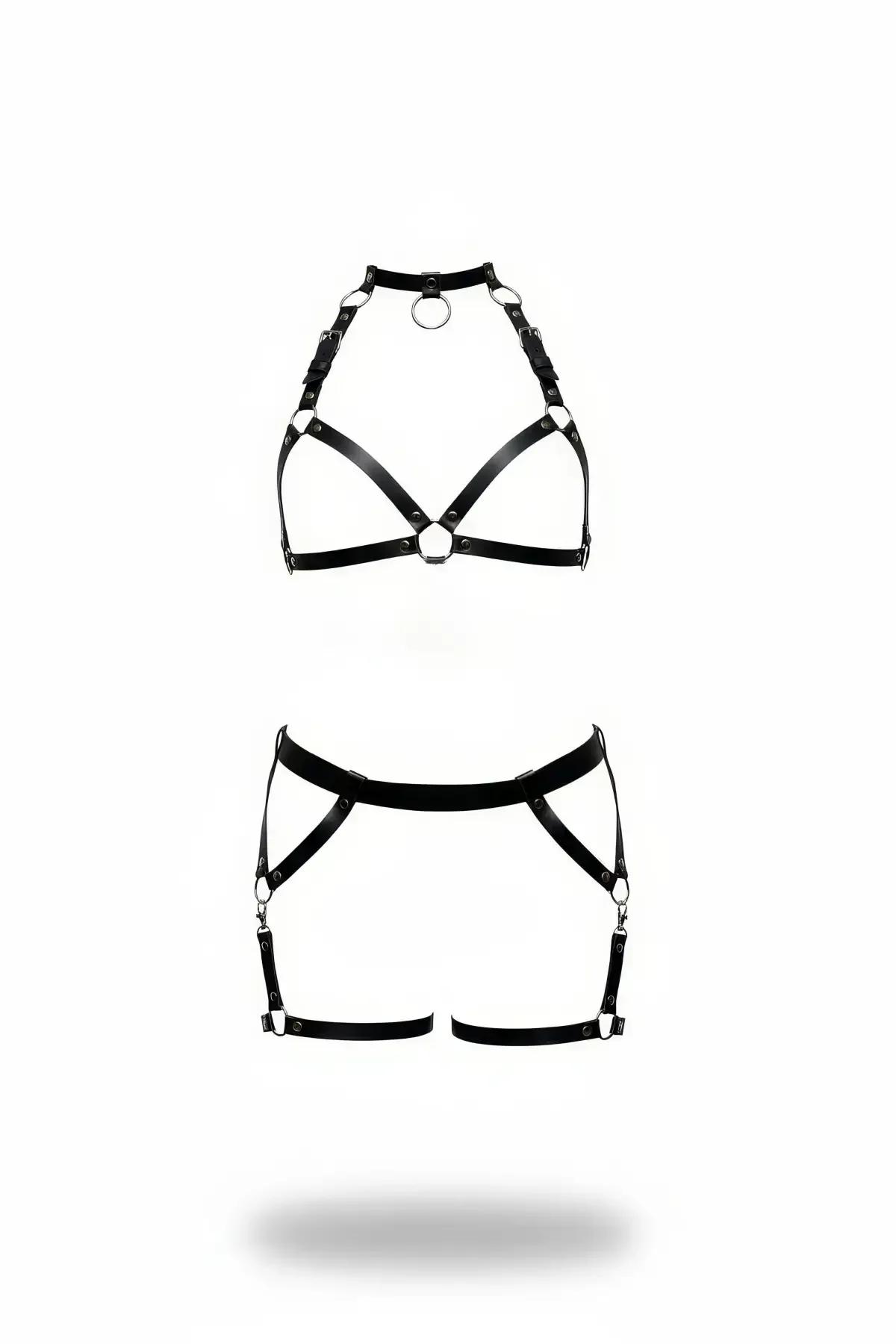 Faux Leather Harness Set with O-Ring Garter Skirt