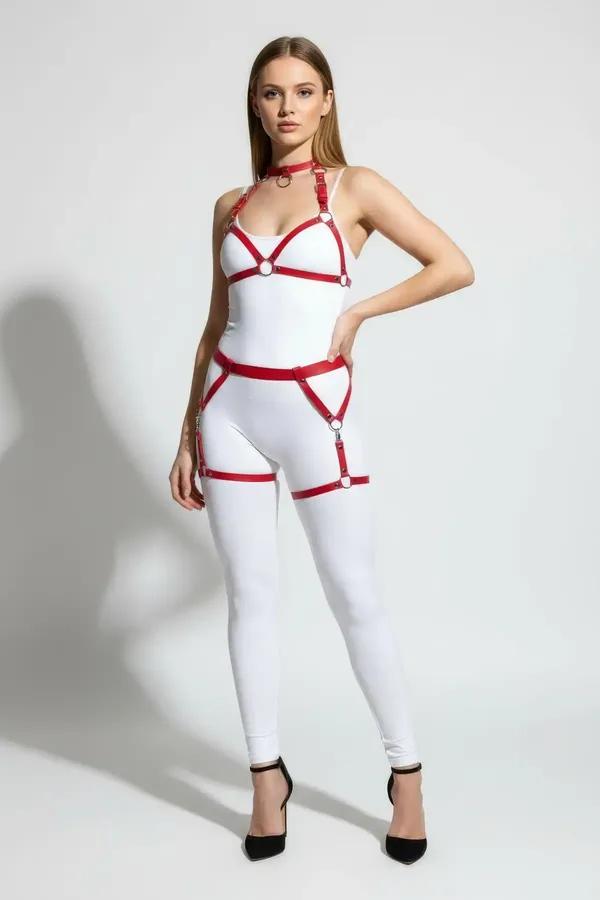 Red Faux Leather Full Body Harness with O-Rings