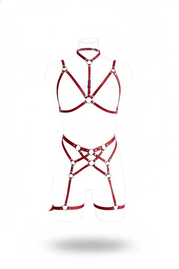 Caged O-Ring Faux Leather Body Harness & Garter Set