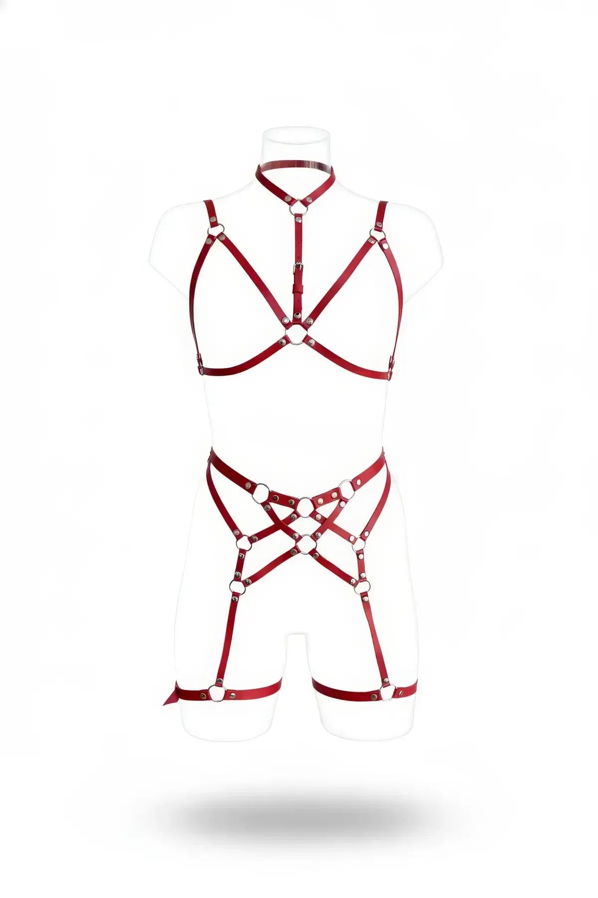 Caged O-Ring Faux Leather Body Harness & Garter Set
