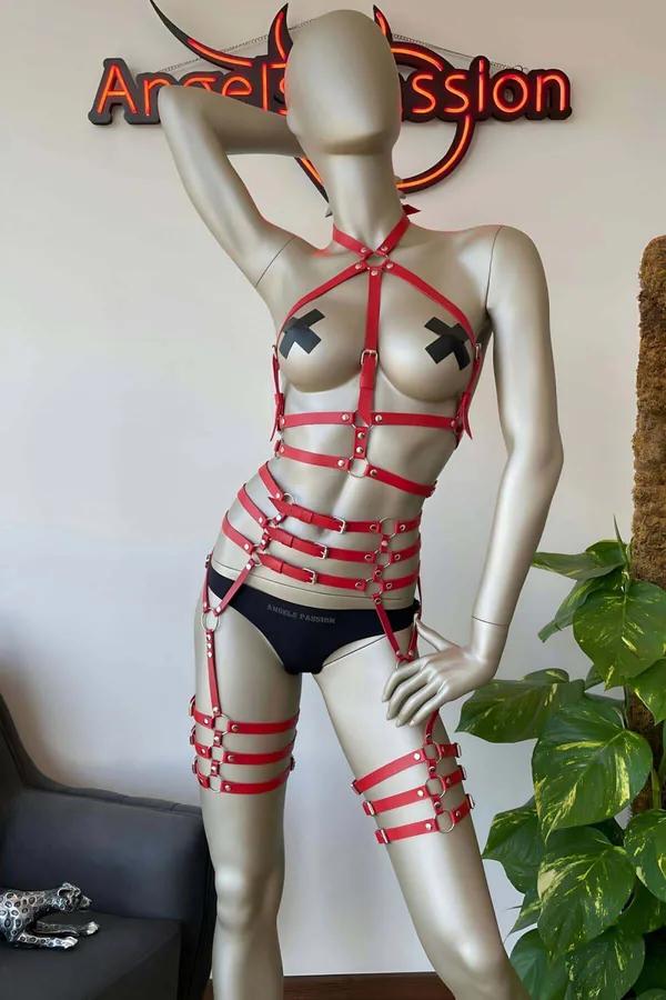 Red Multi-Strap Full Body Harness with Thigh Garters