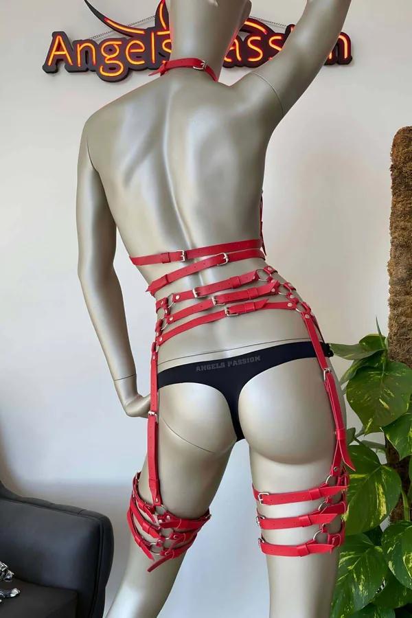 Red Multi-Strap Full Body Harness with Thigh Garters