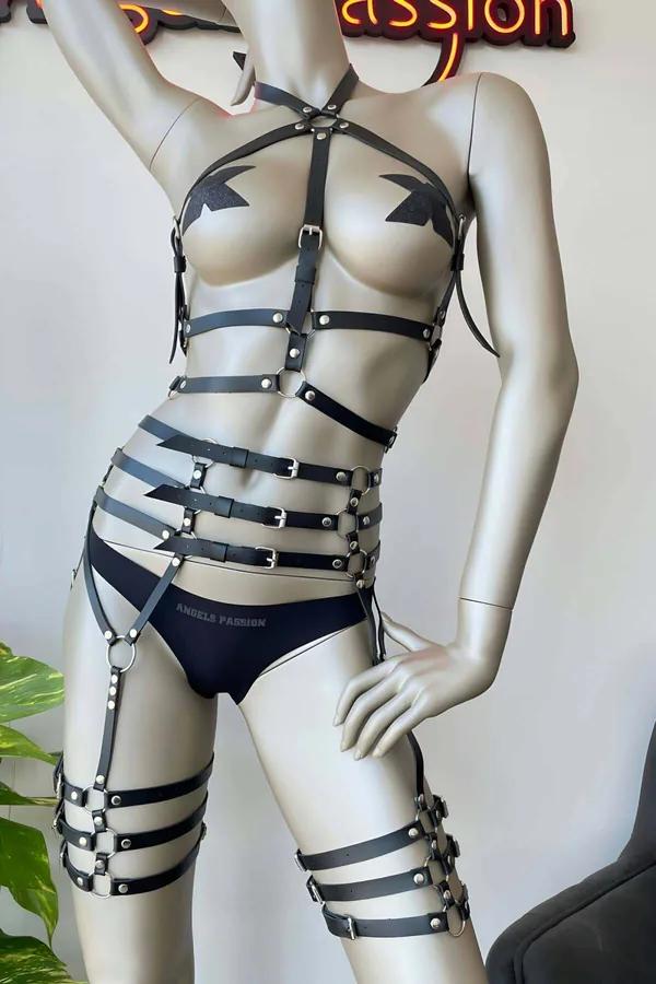 Full Body Faux Leather Harness with Garter Thigh Straps