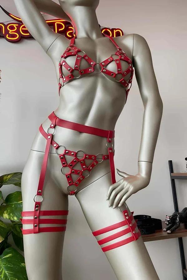 Red Caged O-Ring Faux Leather Body Harness & Garter Set
