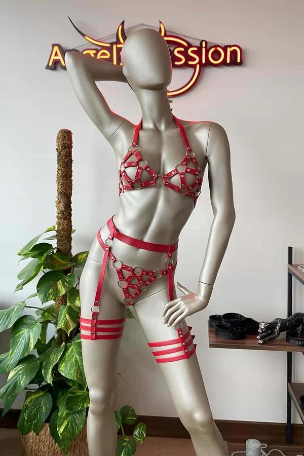 Red Caged O-Ring Faux Leather Body Harness & Garter Set