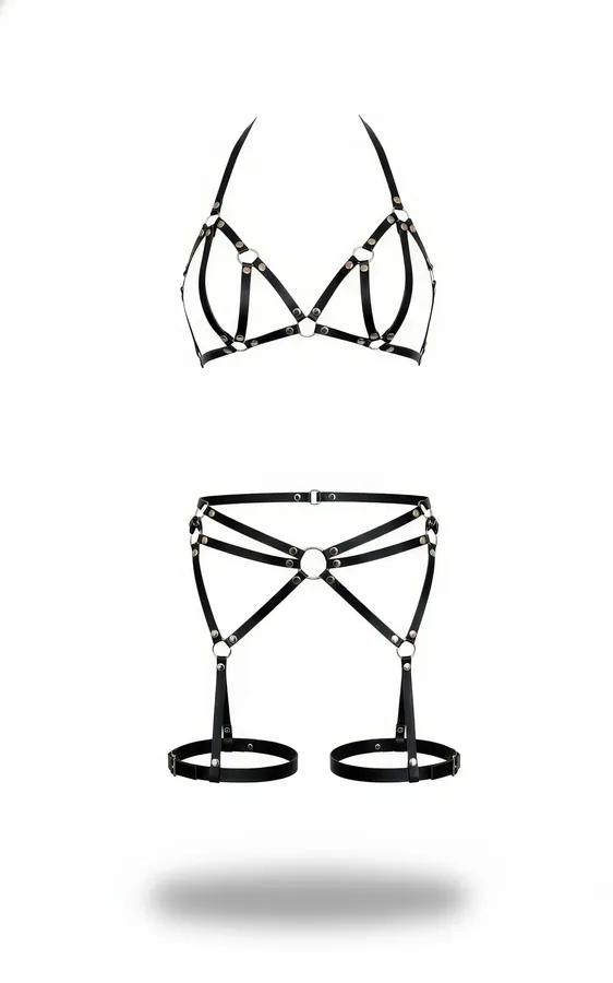 Strappy Faux Leather Harness Bra & Garter Belt Set