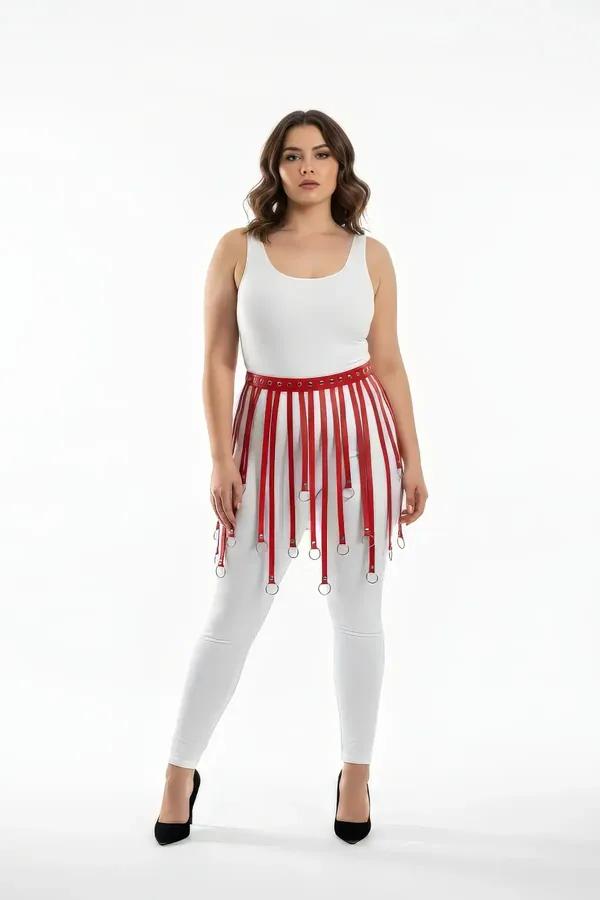 Red Faux Leather Fringe Skirt Harness with O-Ring Details