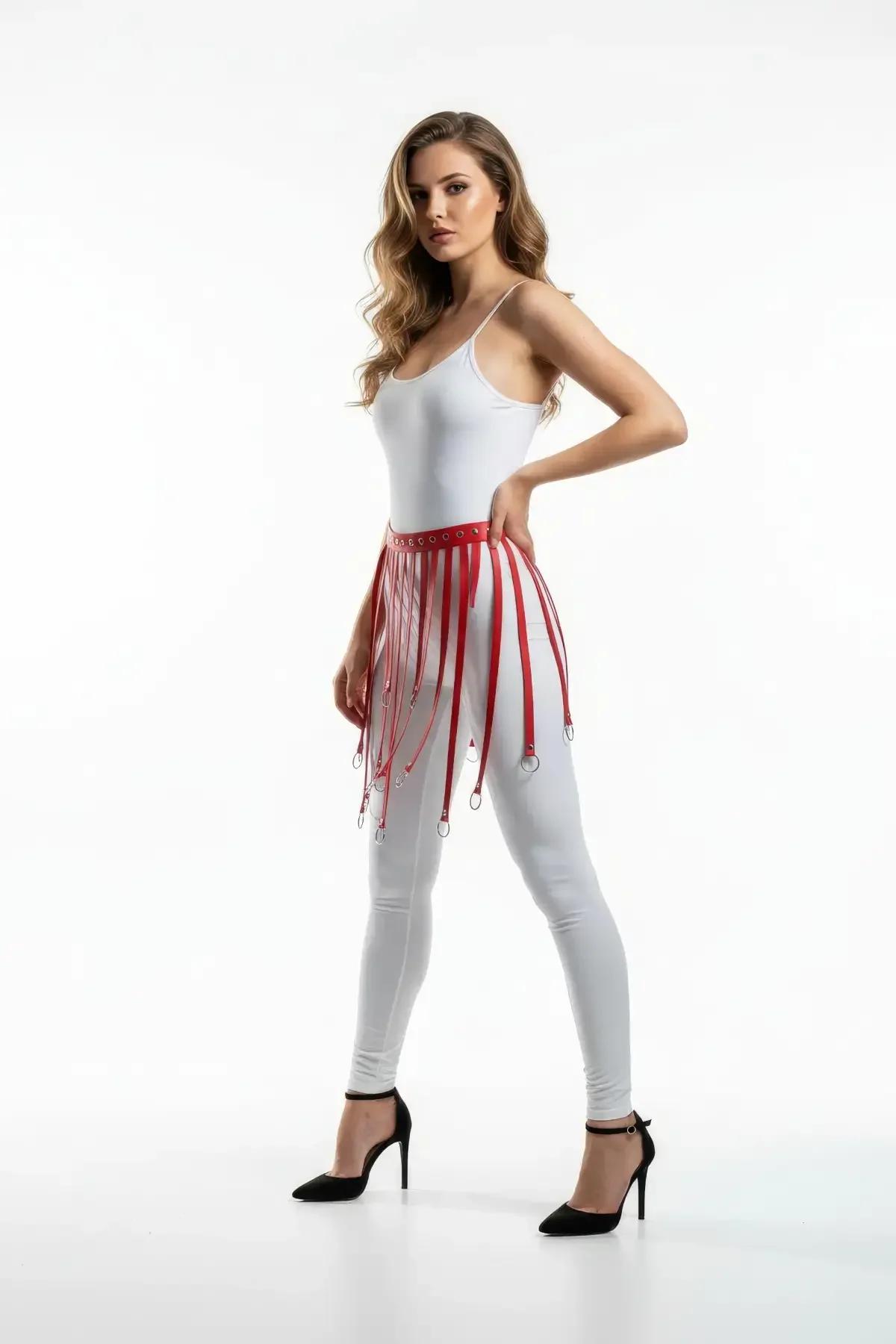 Red Faux Leather Waist Harness with O-Ring Fringe