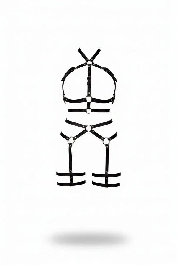 Black Faux Leather Full Body Harness with Thigh Straps