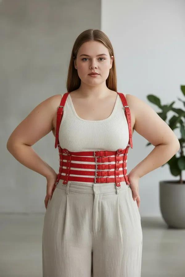 Red Faux Leather Multi-Strap Body Harness with Buckles