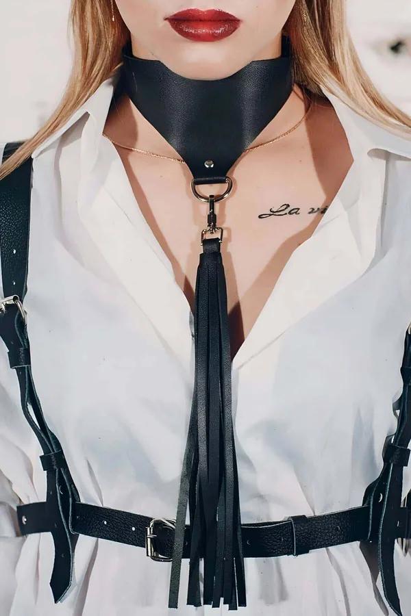 Black Vegan Leather Choker Harness with Tassel & Buckle Belt