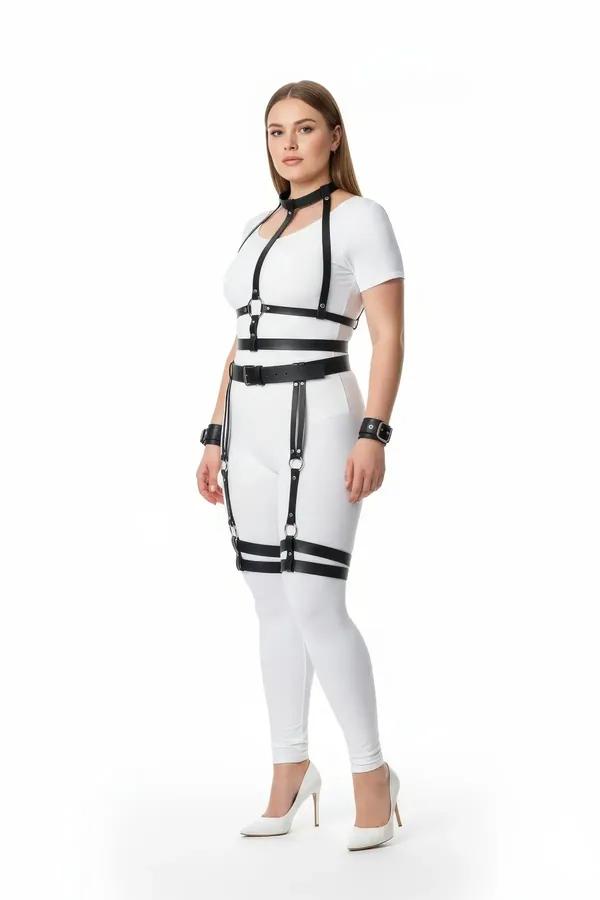 Black Full Body Harness with Thigh Garters & Wrist Cuffs