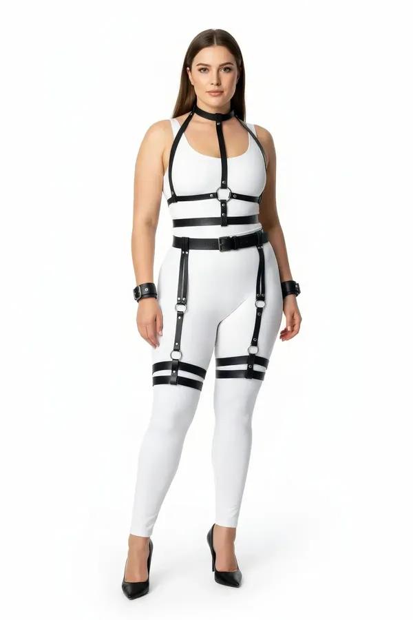 Black Full Body Harness with Thigh Garters & Wrist Cuffs