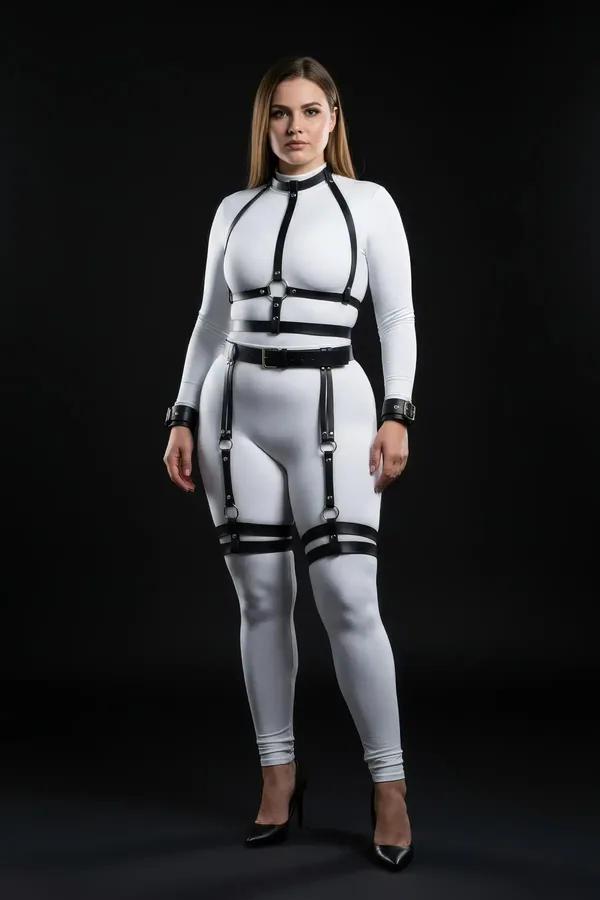 Black Full Body Harness with Thigh Garters & Wrist Cuffs