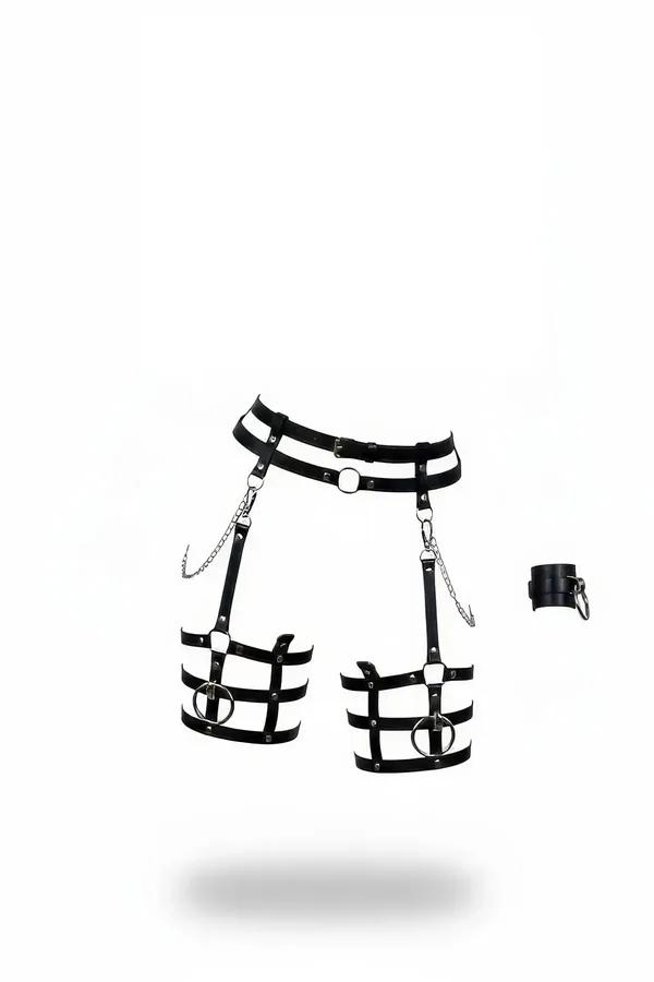 Faux Leather Double Waist Garter Harness with Detachable Thigh Bands
