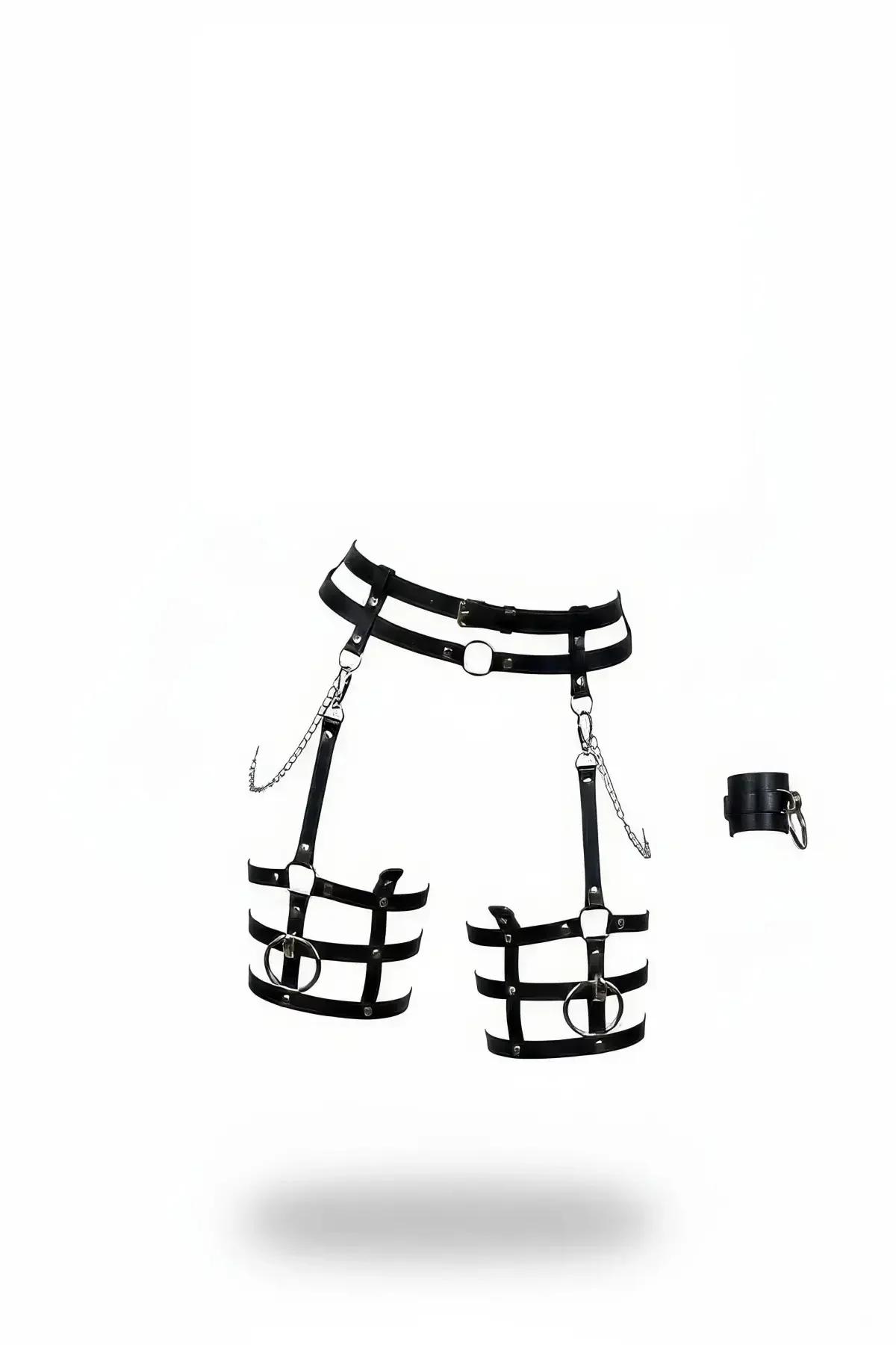Faux Leather Double Waist Garter Harness with Detachable Thigh Bands
