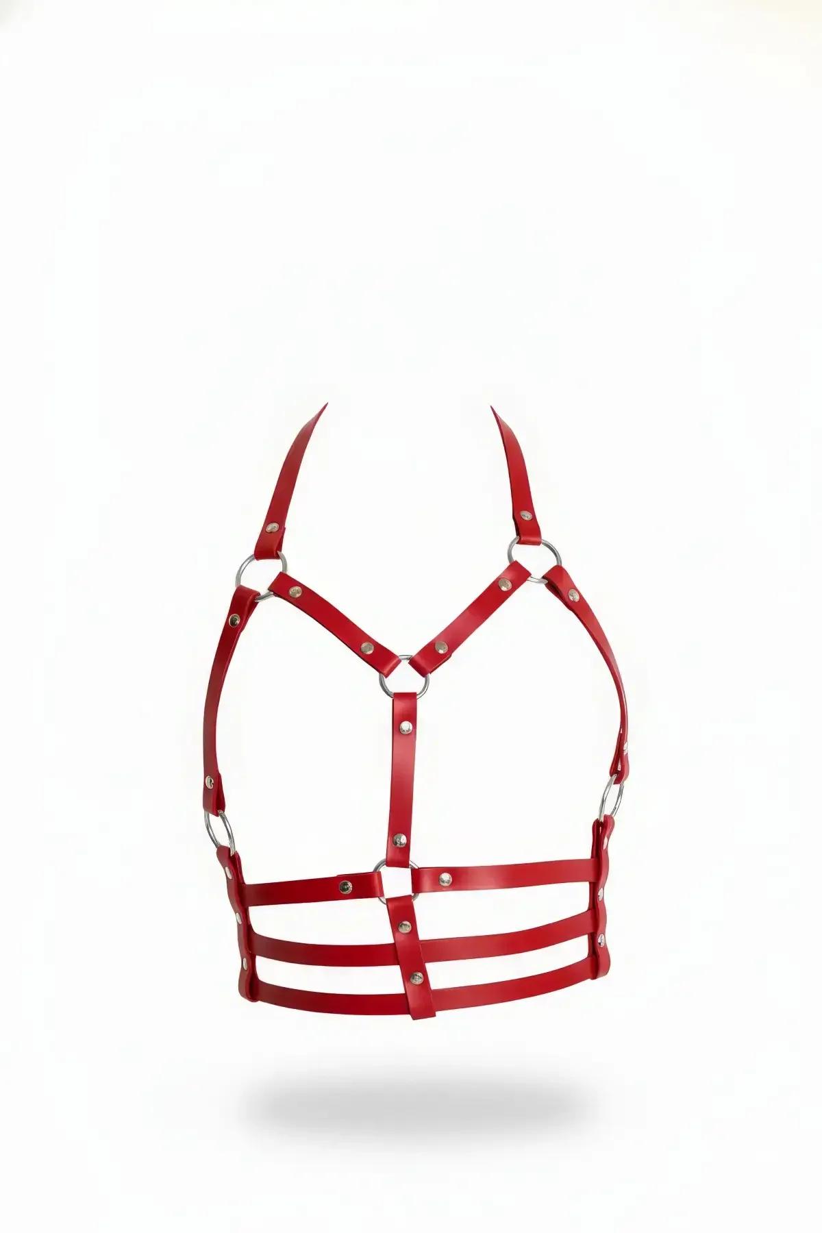 Red Underbust Cage Harness with Strappy Faux Leather